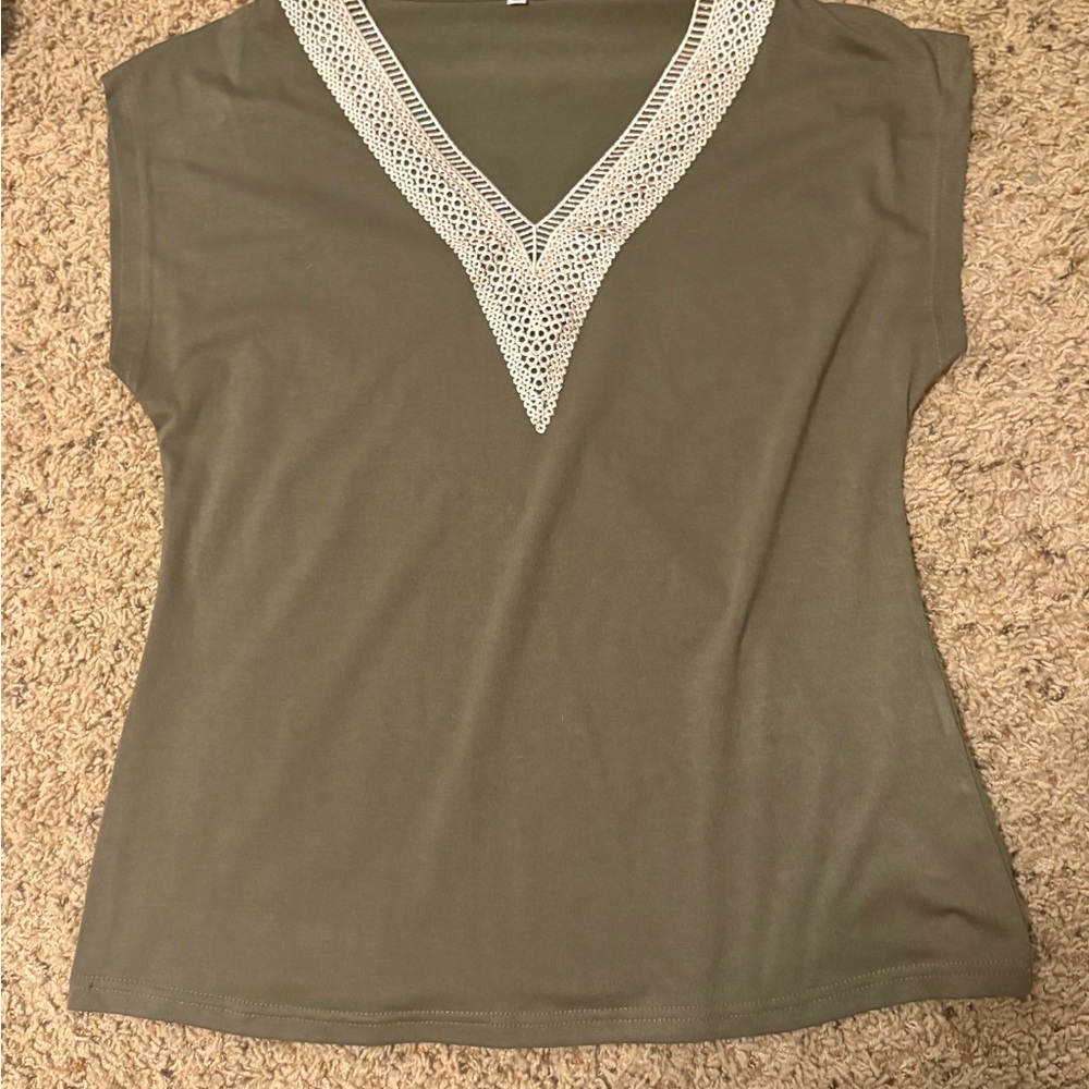 Women's Olive V-Neck Top with Crochet Trim